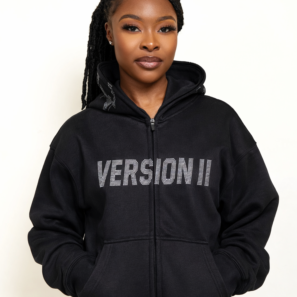 1 of None Rhinestone Zip Up Hoodie - Black